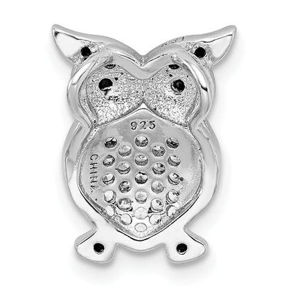 Sterling Silver Rhodium-Plated Polished Black And Clear Cz Owl Chain Slide