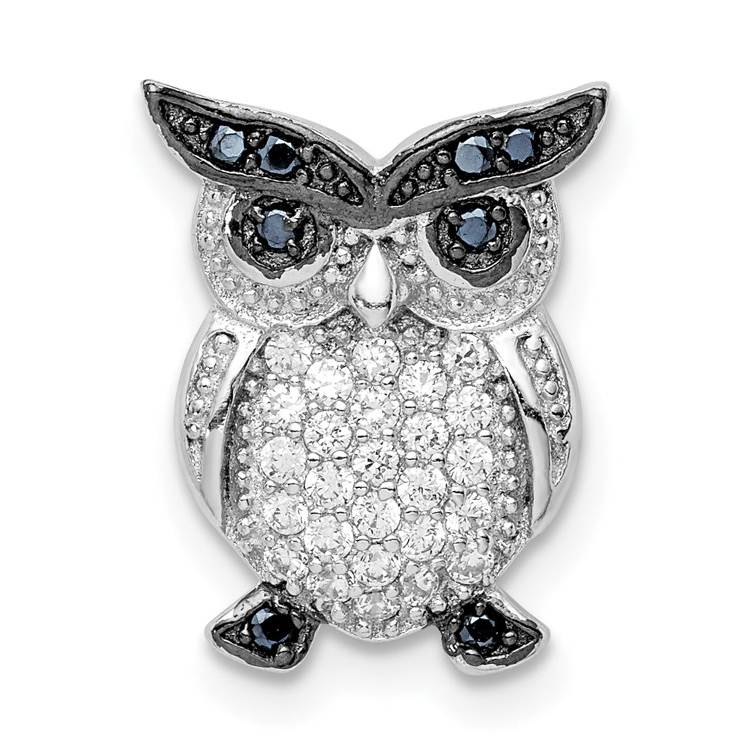 Sterling Silver Rhodium-Plated Polished Black And Clear Cz Owl Chain Slide