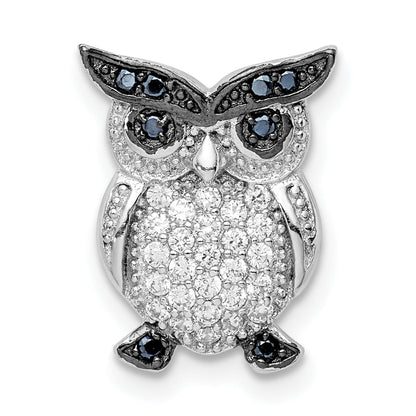 Sterling Silver Rhodium-Plated Polished Black And Clear Cz Owl Chain Slide