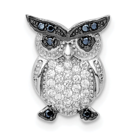 Sterling Silver Rhodium-Plated Polished Black And Clear Cz Owl Chain Slide