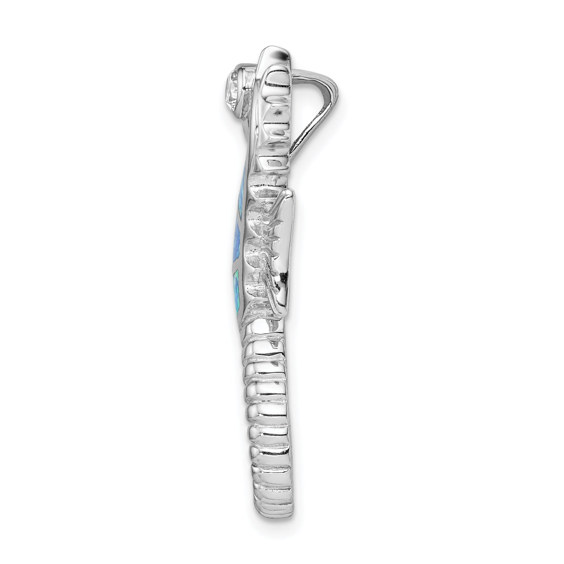 Sterling Silver Rhodium-Plated Polished Created Opal And Cz Seahorse Chain Slide