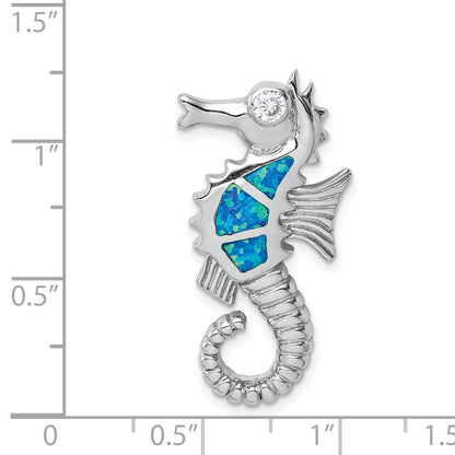 Sterling Silver Rhodium-Plated Polished Created Opal And Cz Seahorse Chain Slide