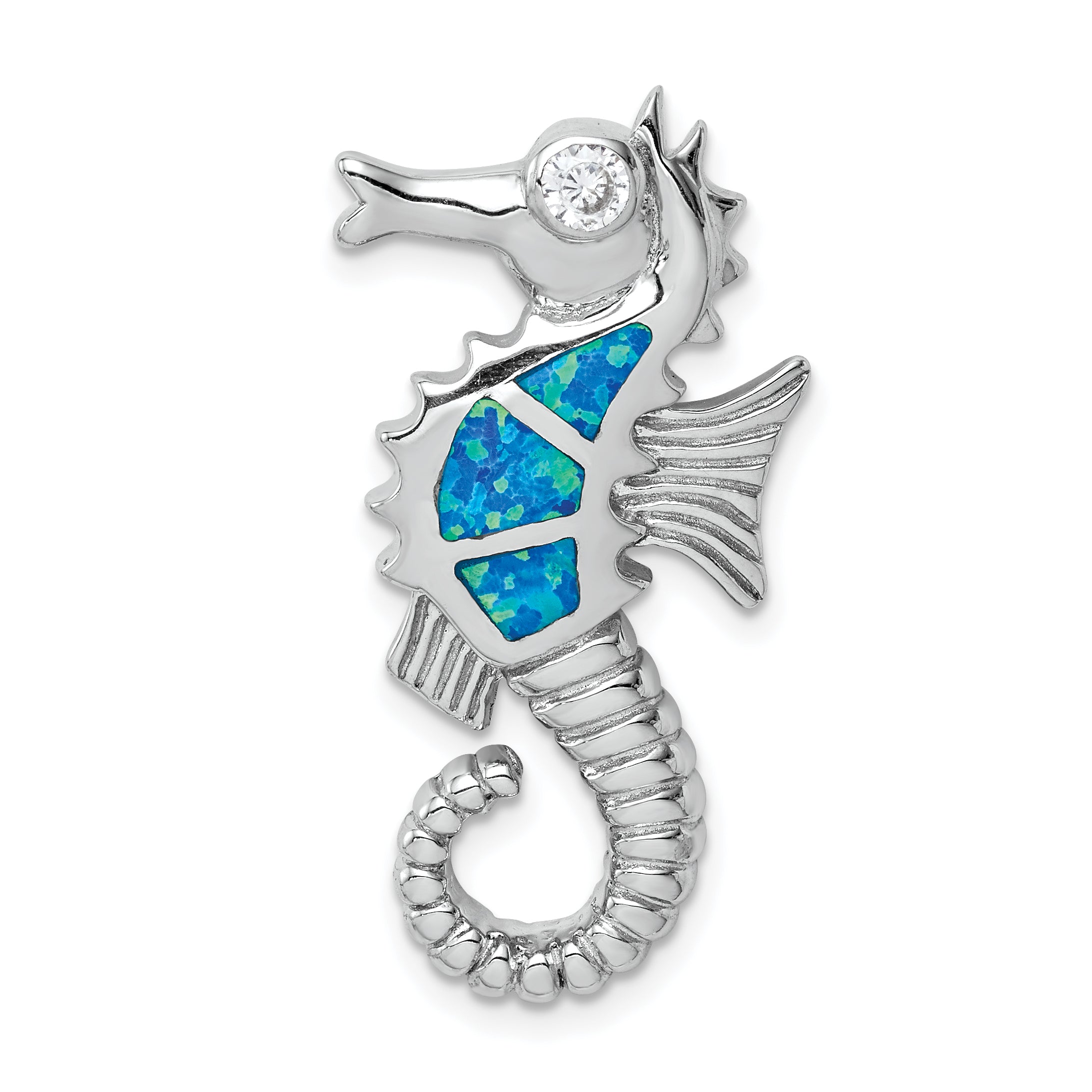 Sterling Silver Rhodium-Plated Polished Created Opal And Cz Seahorse Chain Slide