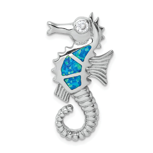 Sterling Silver Rhodium-Plated Polished Created Opal And Cz Seahorse Chain Slide