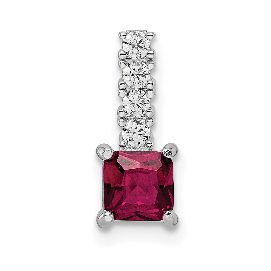 Sterling Silver Rhodium-Plated Created Ruby And Cz Square Pendant