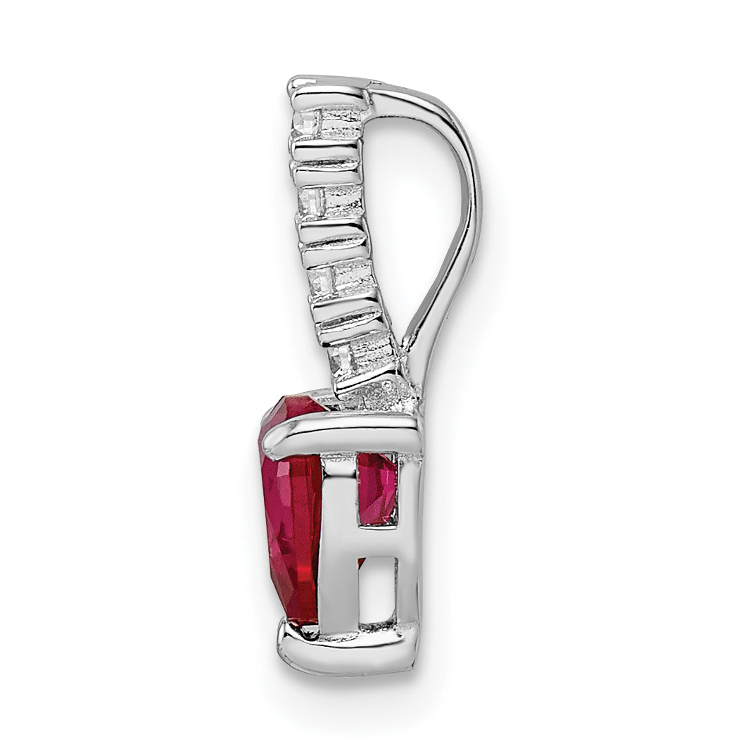 Sterling Silver Polished Rhodium-Plated Created Ruby And Cz Heart Pendant