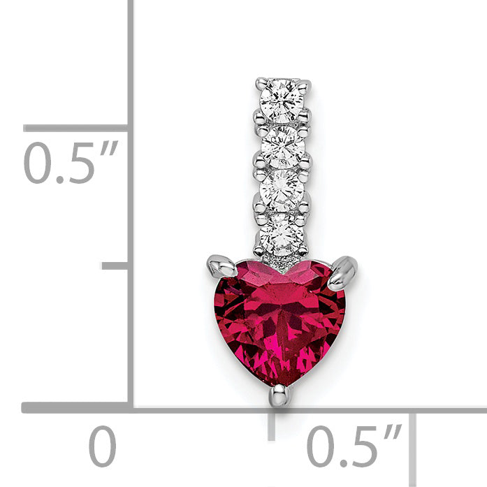 Sterling Silver Polished Rhodium-Plated Created Ruby And Cz Heart Pendant