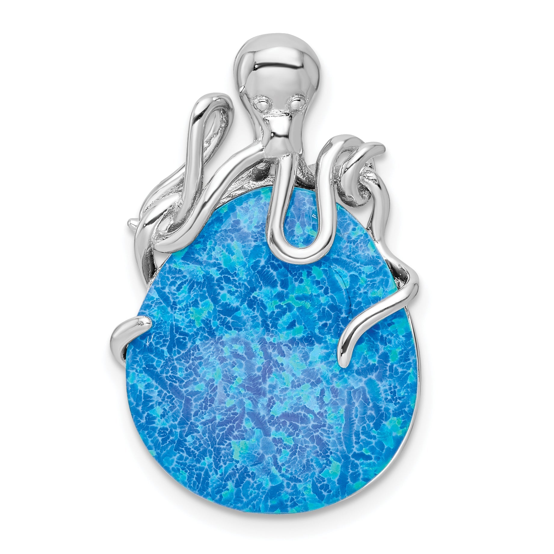 Sterling Silver Rhodium-Plated Polished Blue Created Opal Octopus Chain Slide