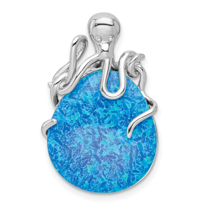 Sterling Silver Rhodium-Plated Polished Blue Created Opal Octopus Chain Slide