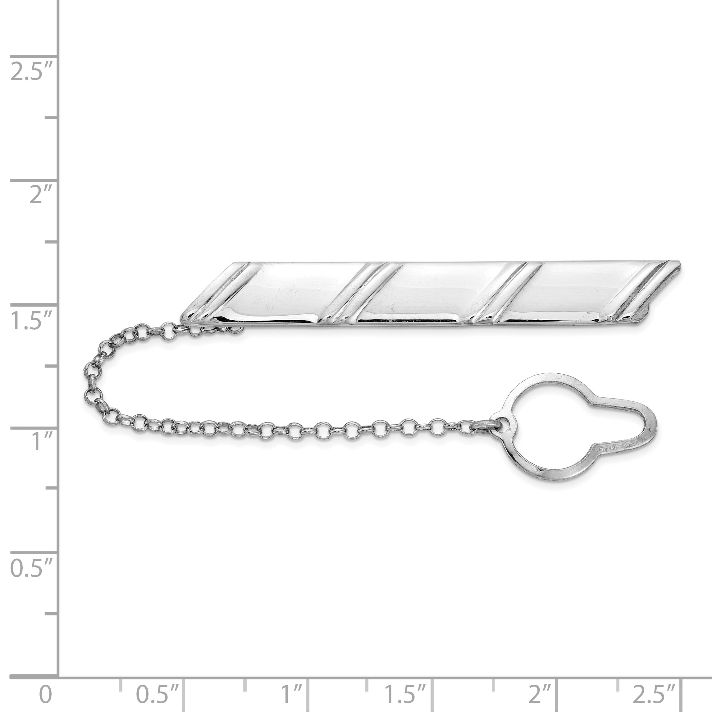 Sterling Silver Rhodium-Plated Diagonal Stripes W/Button Chain Tie Bar