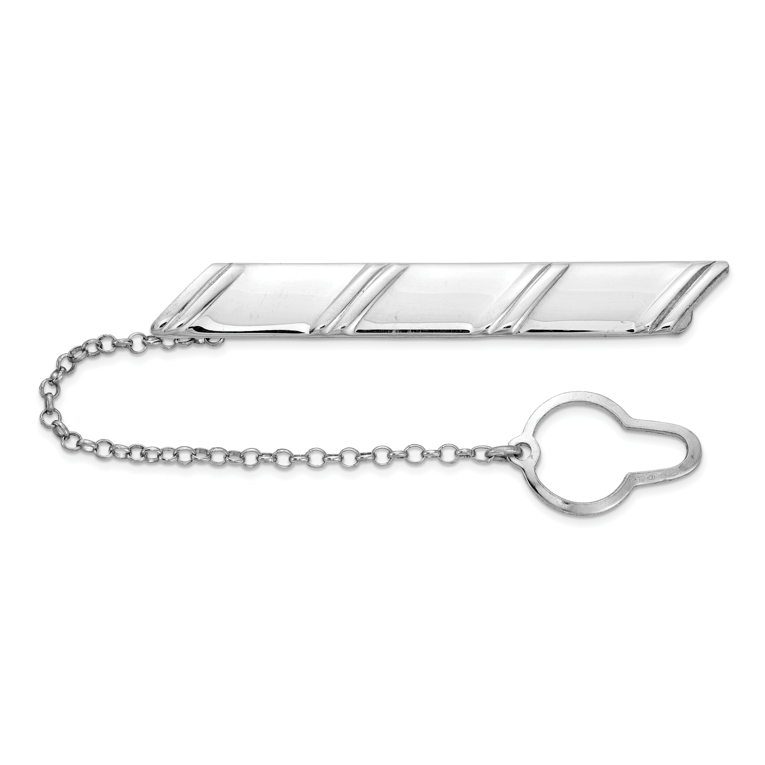 Sterling Silver Rhodium-Plated Diagonal Stripes W/Button Chain Tie Bar
