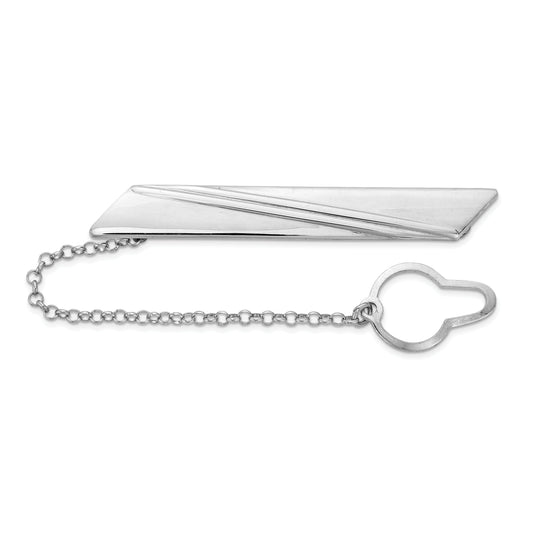 Sterling Silver Rhodium-Plated Stripe Design W/Button Chain Tie Bar