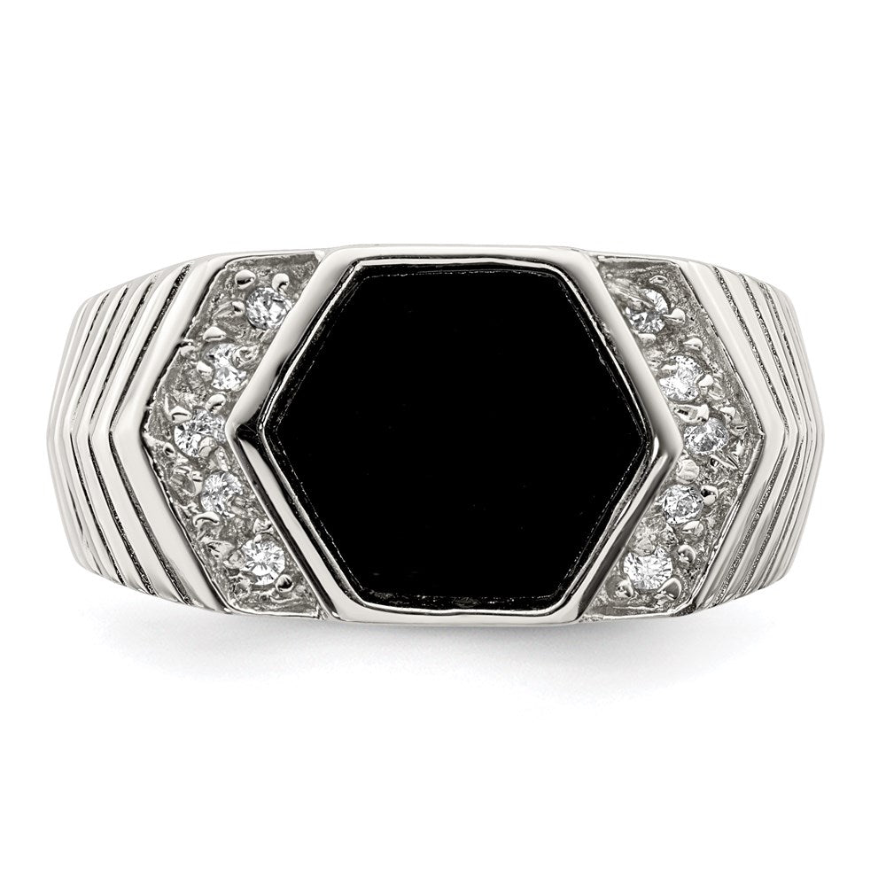 Sterling Silver Rhodium Plated Men'S Cz And Onyx Ring