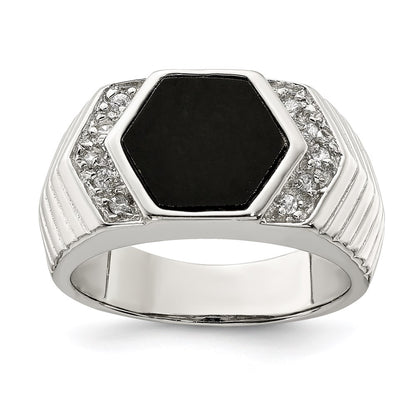 Sterling Silver Rhodium Plated Men'S Cz And Onyx Ring