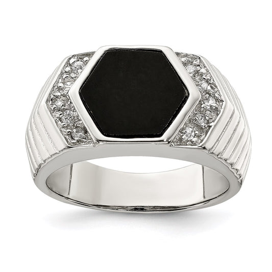 Sterling Silver Rhodium Plated Men'S Cz And Onyx Ring