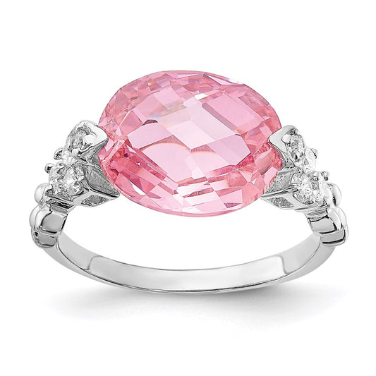 Sterling Silver Rhodium Plated Pink And Clear Cz Ring