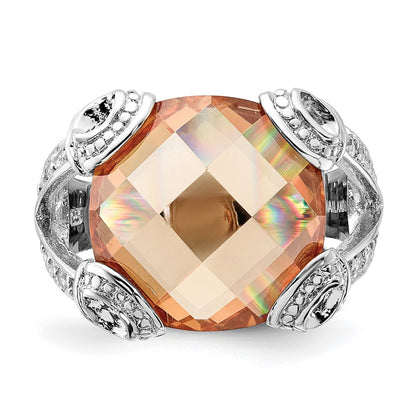 Sterling Silver Polished Champagne & Clear Cz Ring