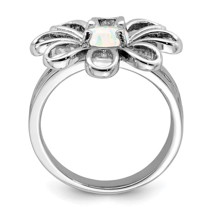 Sterling Silver Rhodium Plated Lab Createdopal Flower Ring