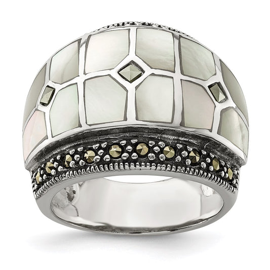 Sterling Silver Marcasite & Mother Of Pearl Ring