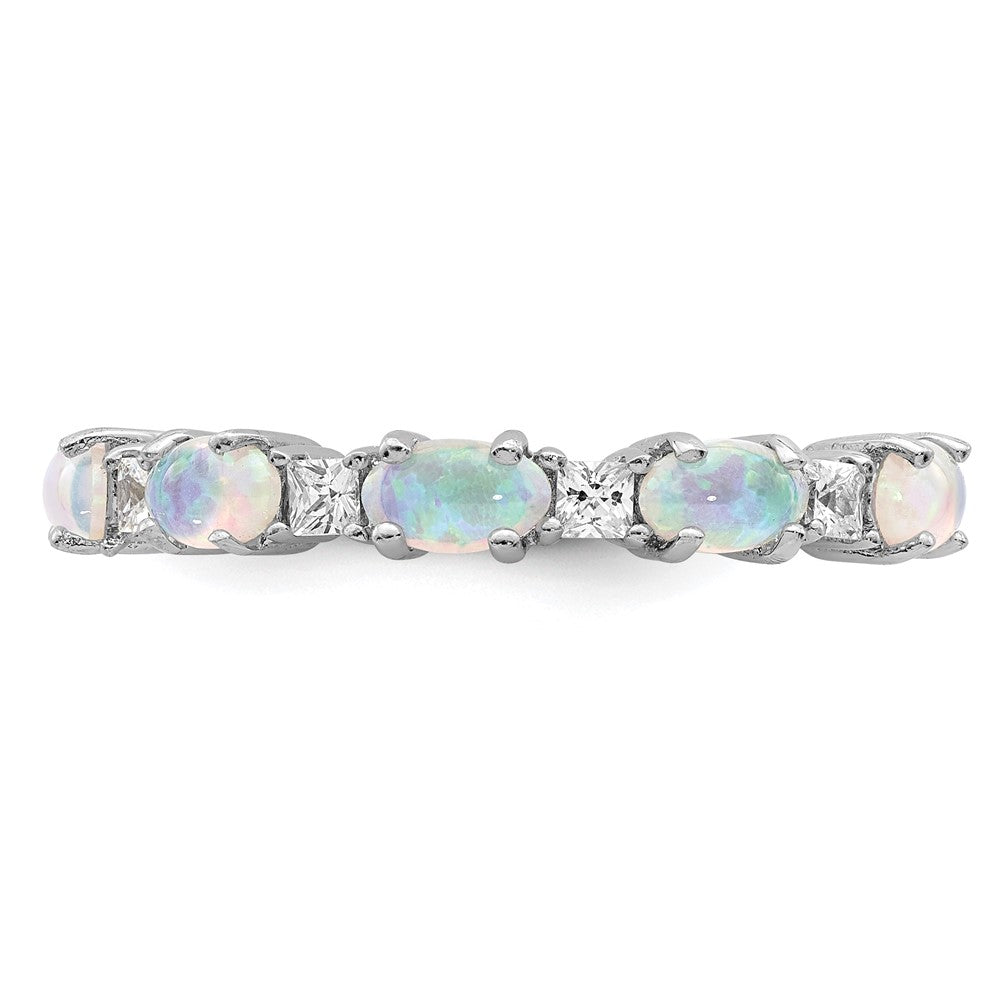 Sterling Silver Rhodium Plated Lab Created Opal And Cz Ring