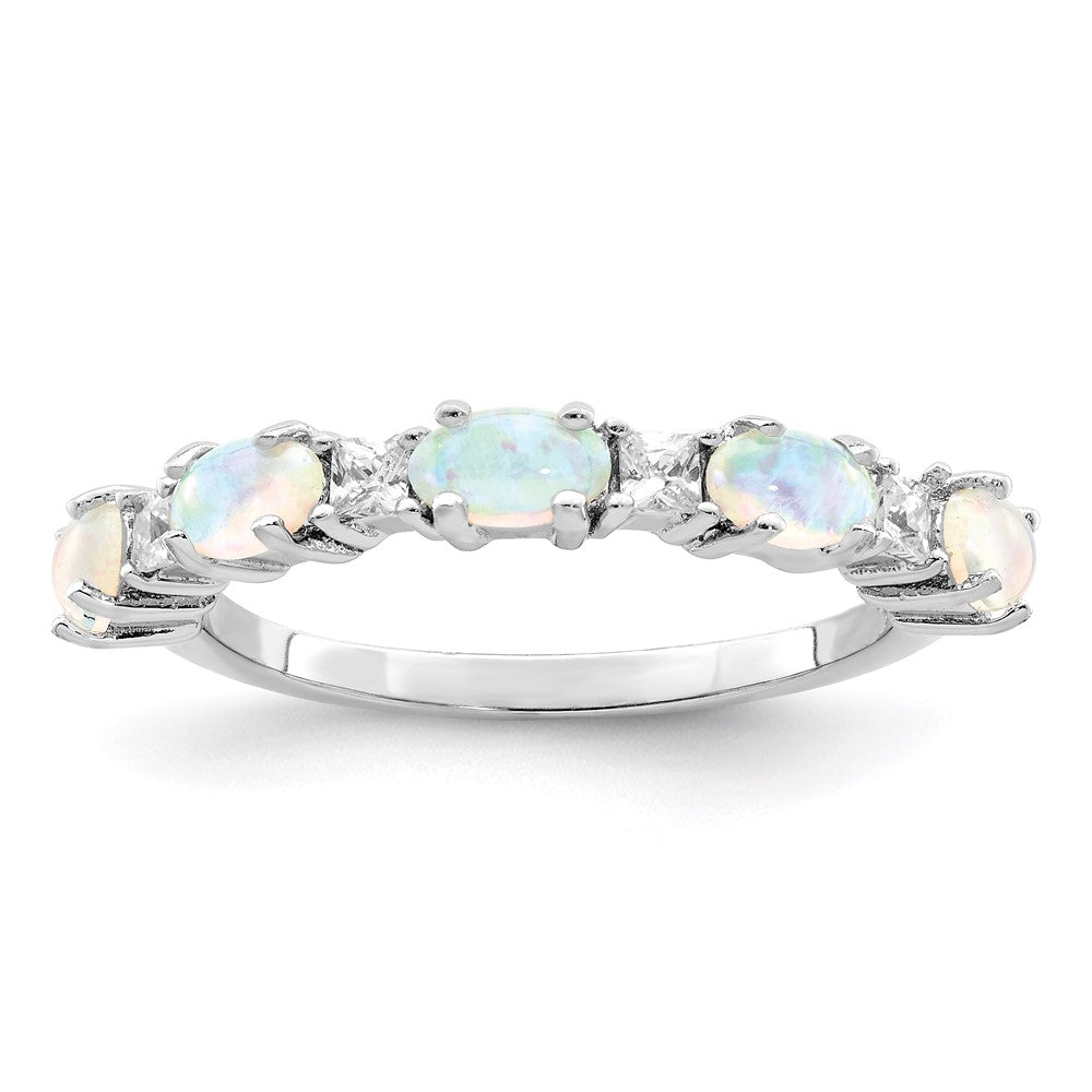 Sterling Silver Rhodium Plated Lab Created Opal And Cz Ring