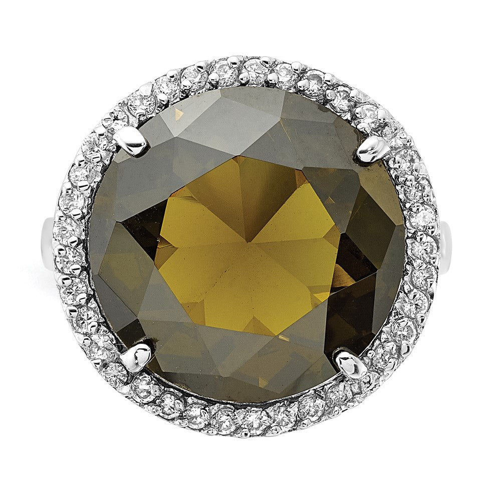 Sterling Silver Polished Green & Clear Cz Circle Halo Ring