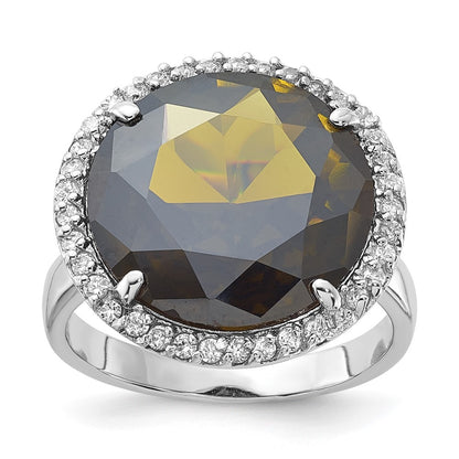 Sterling Silver Polished Green & Clear Cz Circle Halo Ring