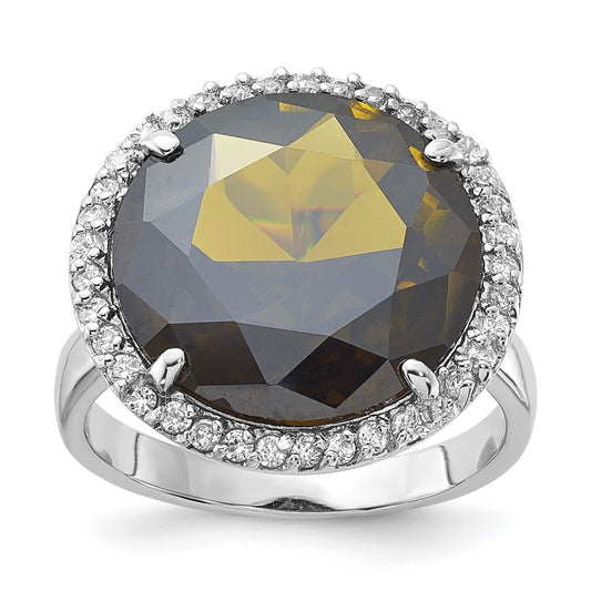 Sterling Silver Polished Green & Clear Cz Circle Halo Ring