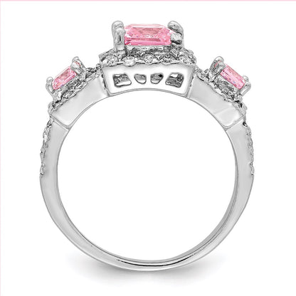 Sterling Silver Rhodium Plated Pink Square Cz Ring