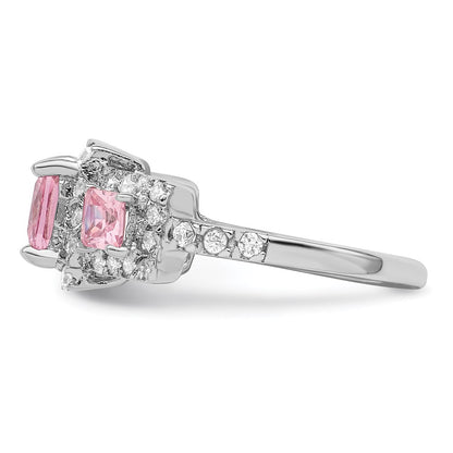 Sterling Silver Rhodium Plated Pink Square Cz Ring