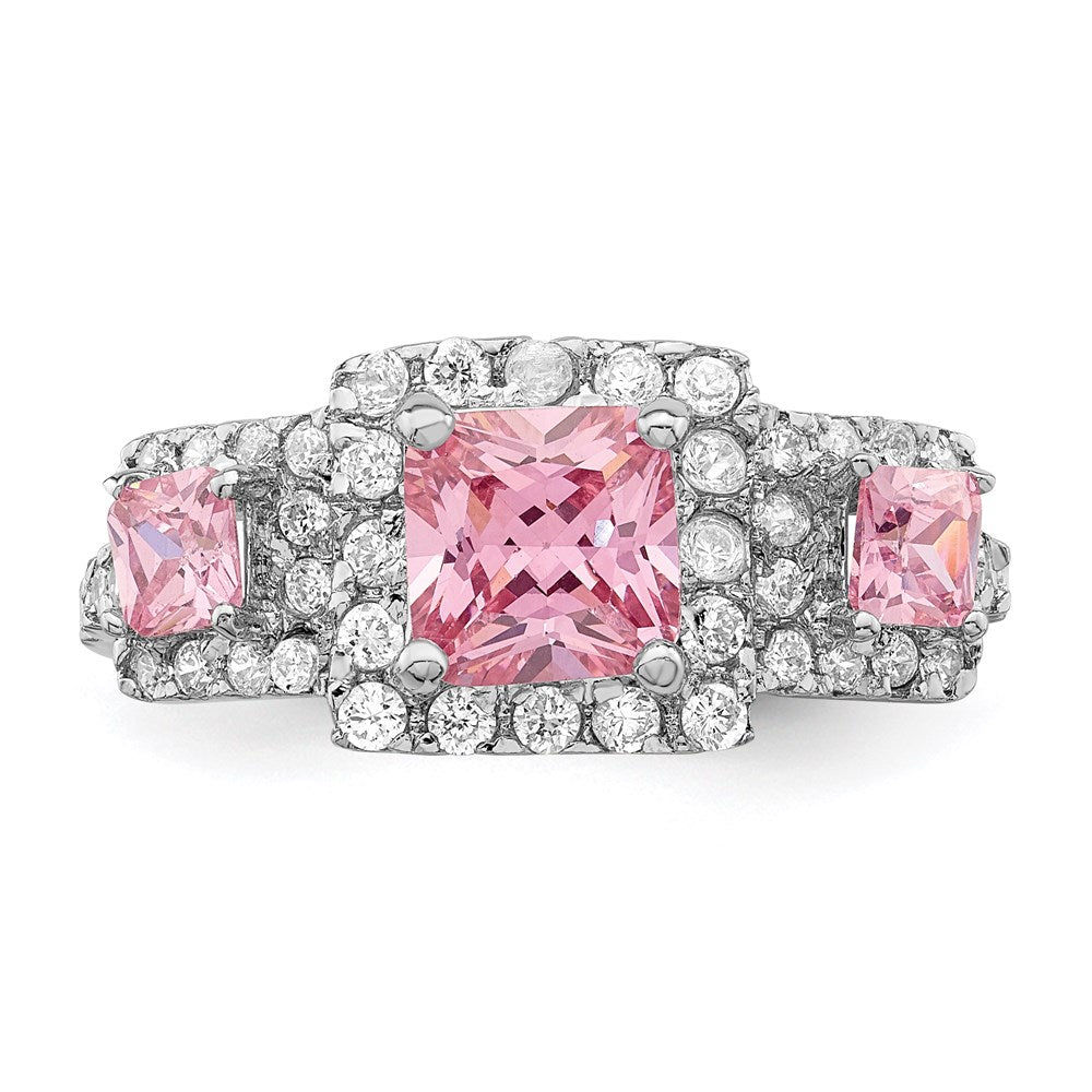 Sterling Silver Rhodium Plated Pink Square Cz Ring