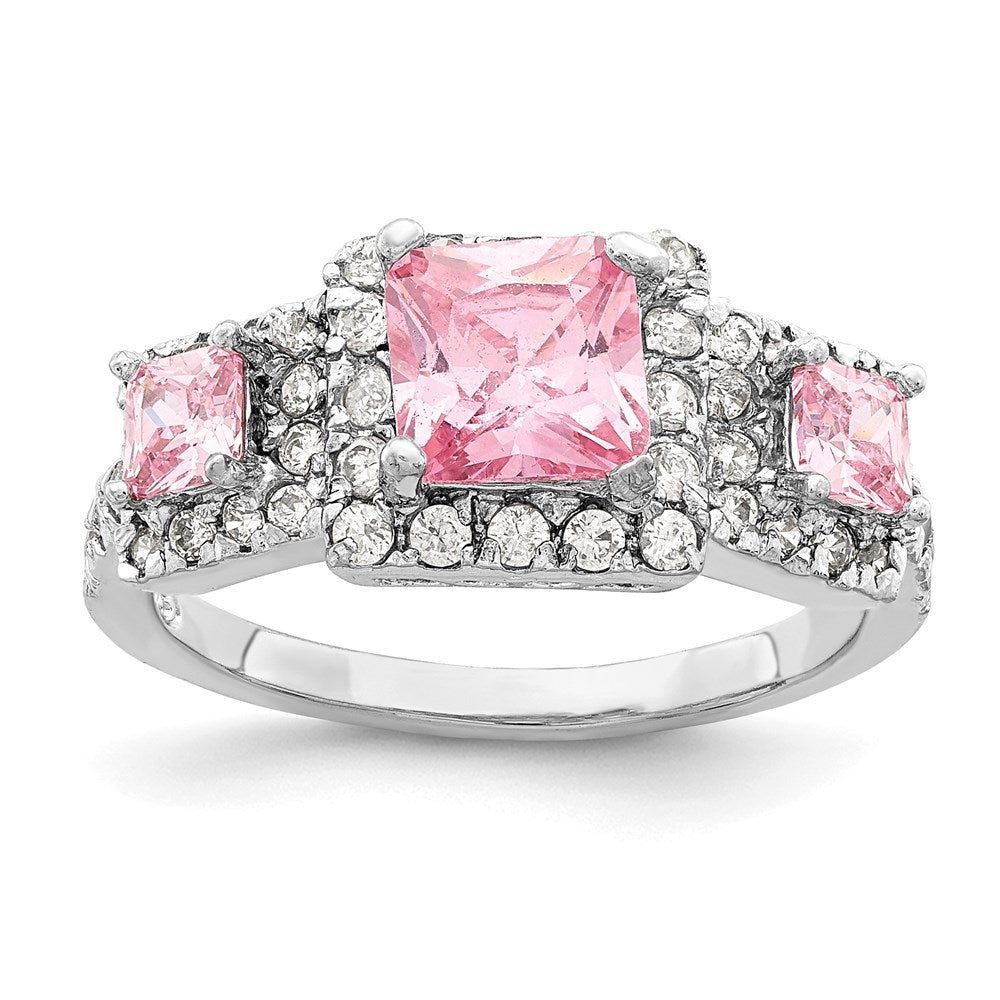 Sterling Silver Rhodium Plated Pink Square Cz Ring
