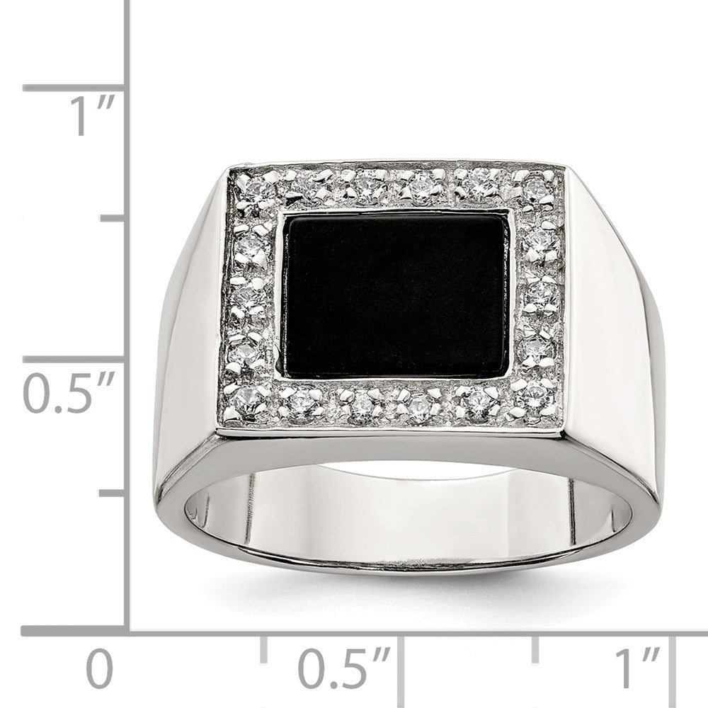 Sterling Silver Rhodium Plated Men'S Cz & Onyx Ring