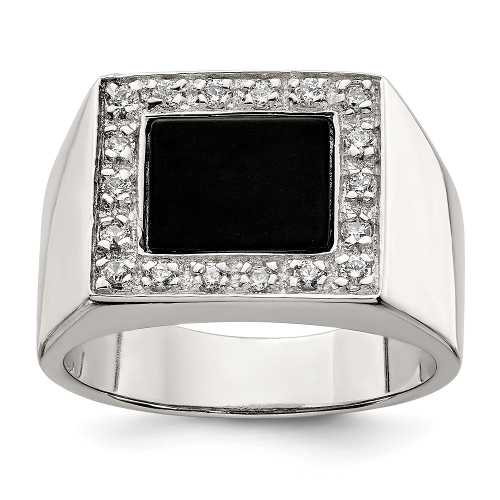 Sterling Silver Rhodium Plated Men'S Cz & Onyx Ring