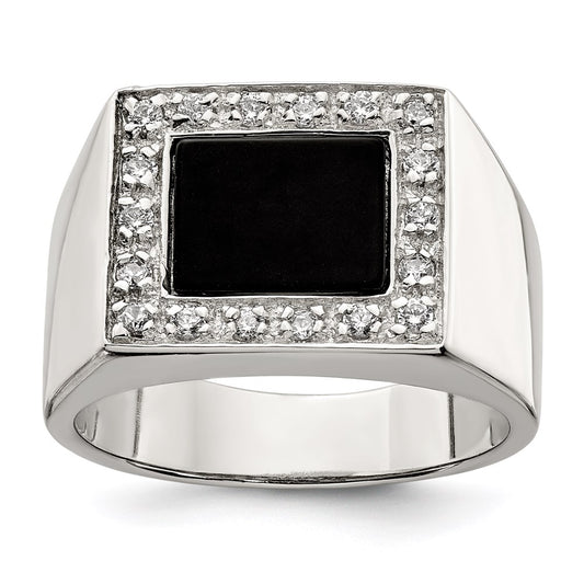 Sterling Silver Rhodium Plated Men'S Cz & Onyx Ring