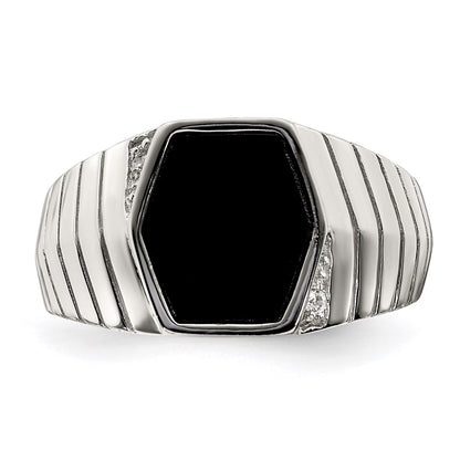 Sterling Silver Rhodium Plated Men'S Cz & Onyx Ring