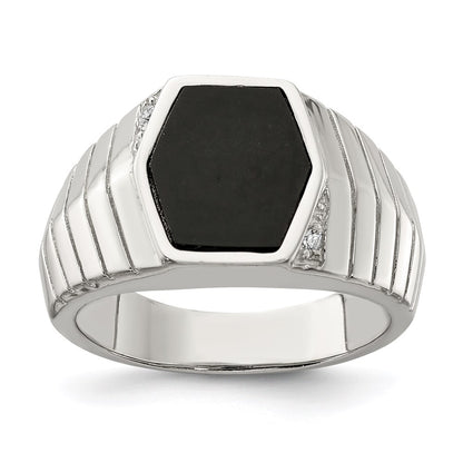 Sterling Silver Rhodium Plated Men'S Cz & Onyx Ring