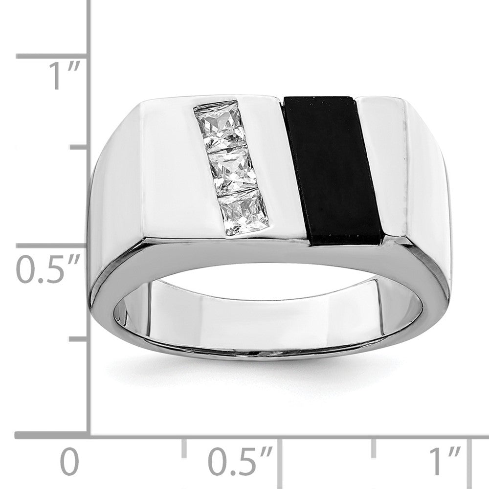 Sterling Silver Rhodium Plated Men'S Cz And Onyx Ring