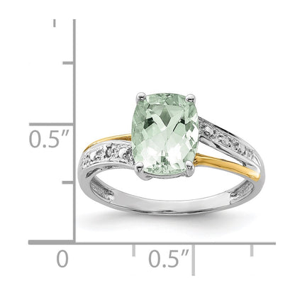 Sterling Silver Brilliant Gemstones With 14K Accent Rhodium Plated Green Quartz And Diamond Ring