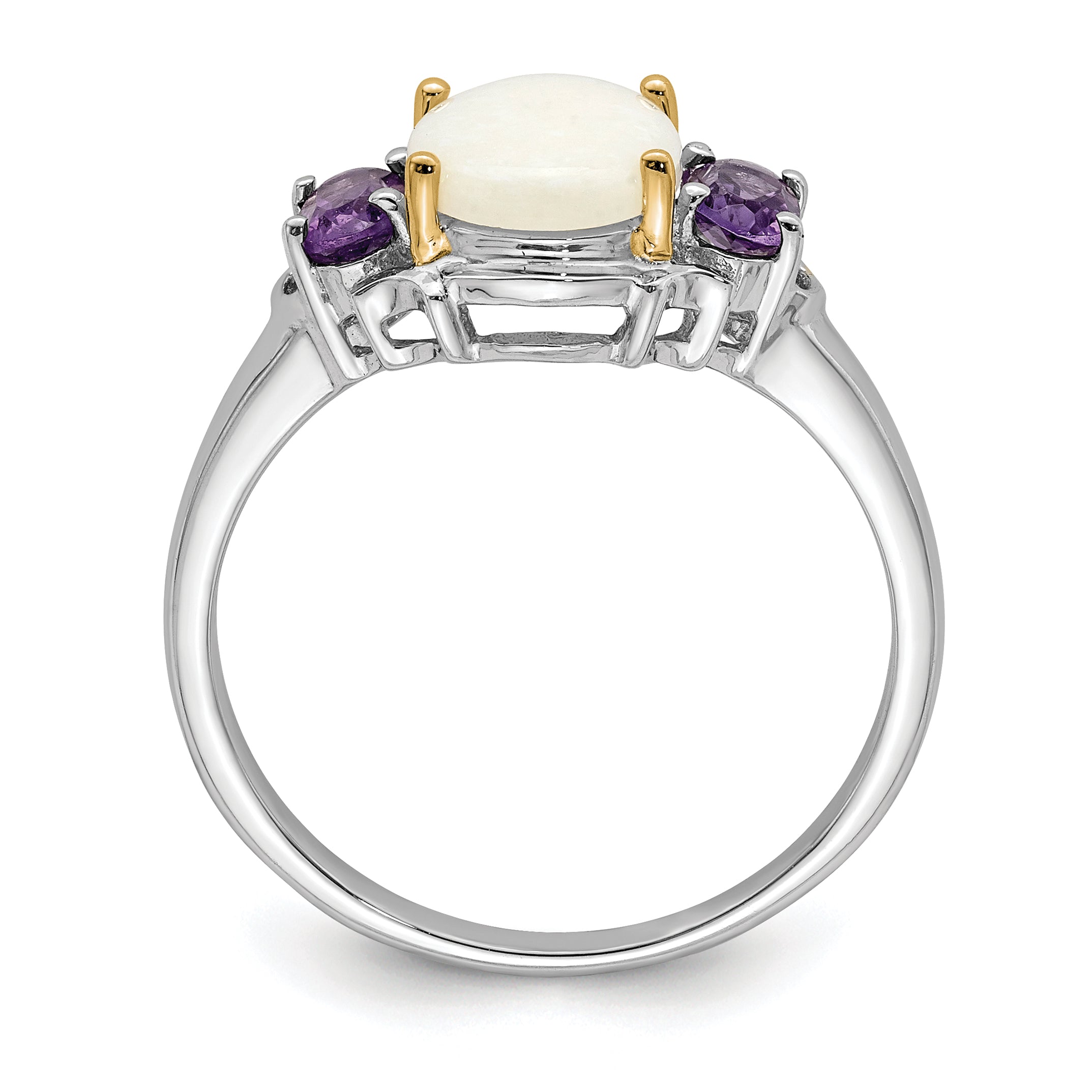Sterling Silver Brilliant Gemstones With 14K Accent Rhodium Plated Opal And Amethyst Ring (Size 7 Only)