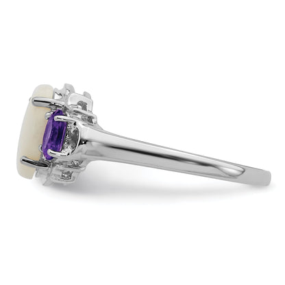 Sterling Silver Brilliant Gemstones With 14K Accent Rhodium Plated Opal And Amethyst Ring (Size 7 Only)