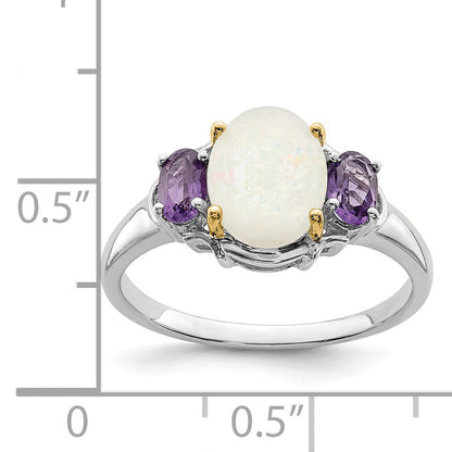 Sterling Silver Brilliant Gemstones With 14K Accent Rhodium Plated Opal And Amethyst Ring (Size 7 Only)