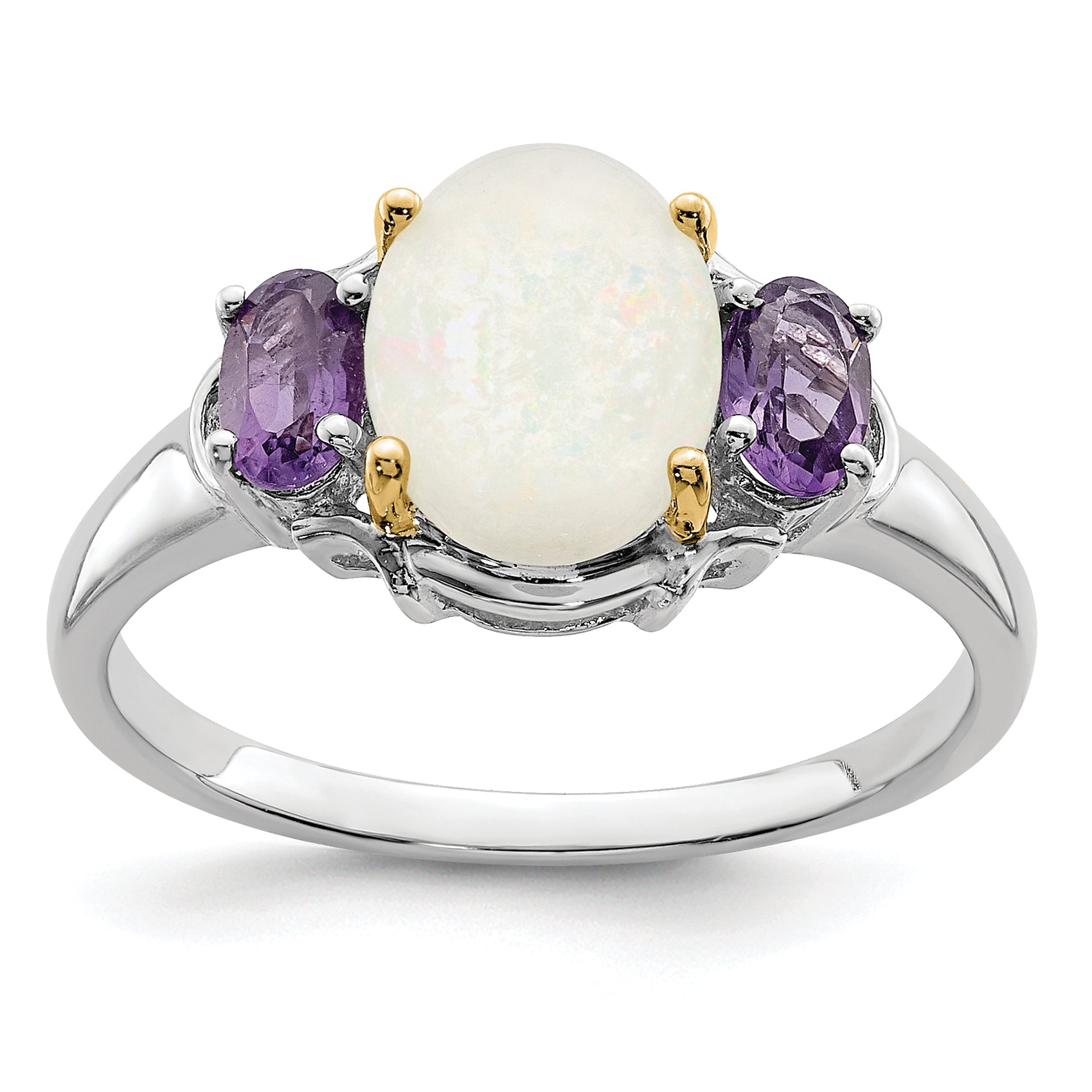 Sterling Silver Brilliant Gemstones With 14K Accent Rhodium Plated Opal And Amethyst Ring (Size 7 Only)
