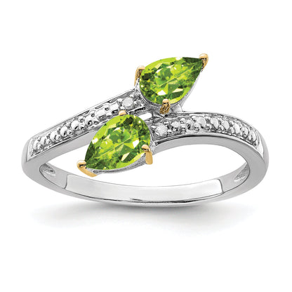 Sterling Silver Brilliant Gemstones With 14K Accent Rhodium Plated Peridot And Diamond Ring