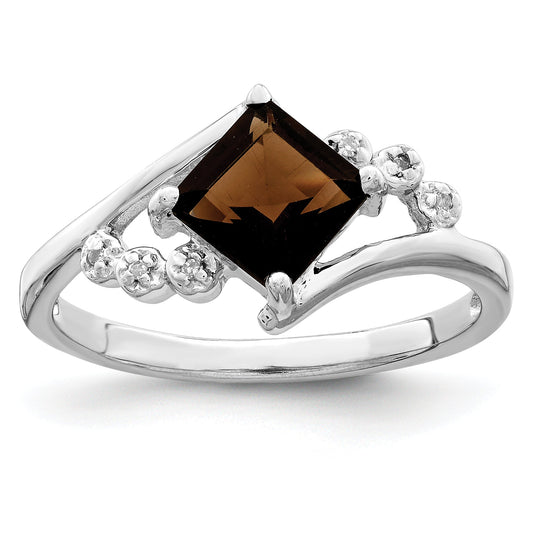 Sterling Silver Rhodium Princess Cut Smoky Quartz & Diamond Ring
