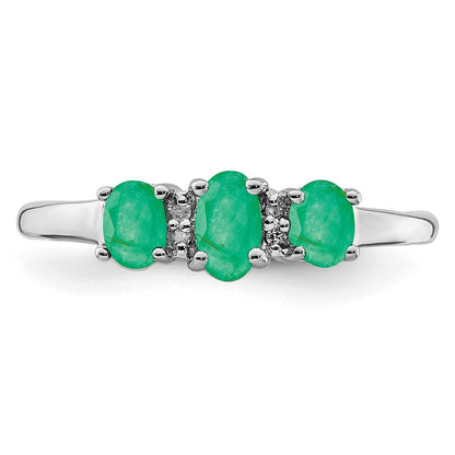 Sterling Silver Rhodium Plated Emerald 3 Stone And Diamond Ring