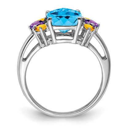 Sterling Silver Rhodium Light Swiss Blue, Amethyst & Citrine Ring