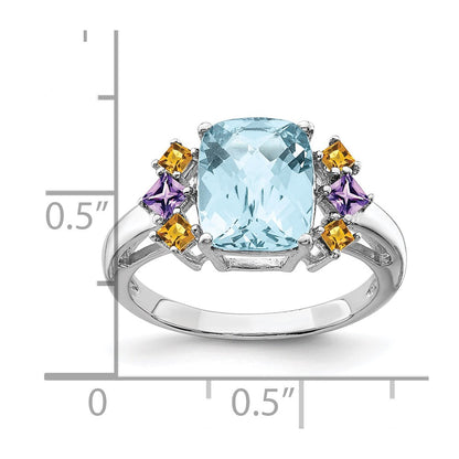 Sterling Silver Rhodium Light Swiss Blue, Amethyst & Citrine Ring