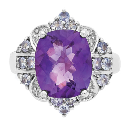 Sterling Silver Rhodium Plated Amethyst, Tanzanite & Diamond Ring (Size 5 Only)