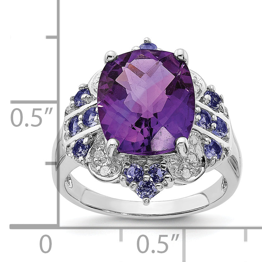 Sterling Silver Rhodium Plated Amethyst, Tanzanite & Diamond Ring (Size 5 Only)